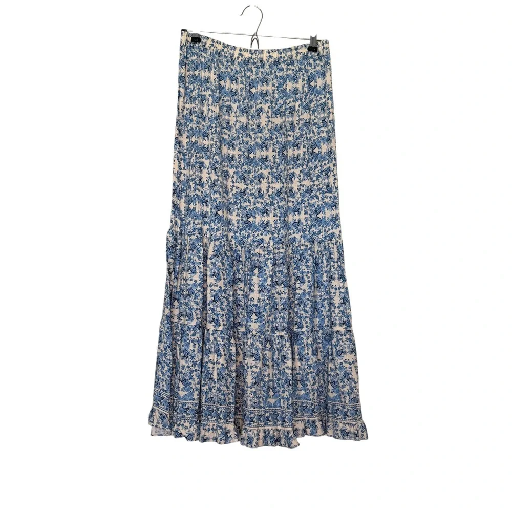 Max Studio London Blue White Floral Tiered Maxi Skirt Size M Boho Chic Relaxed